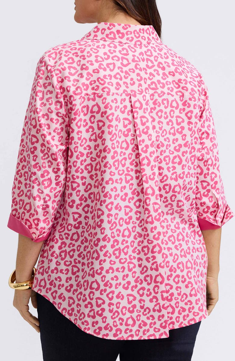 Foxcroft Margie Leopard Print Three-Quarter Sleeve Cotton Button-Up Shirt, Alternate, color, Pink Flambe Multi