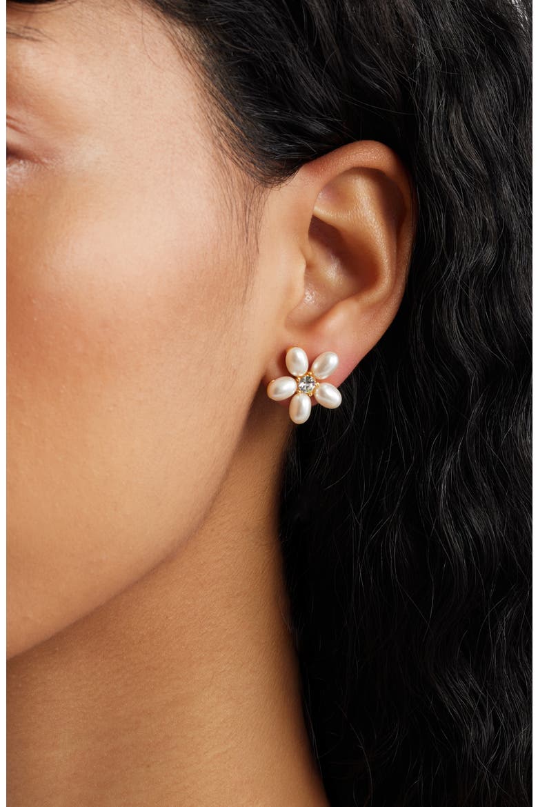 Faux Pearl Flower Earrings, Alternate, color, GOLD