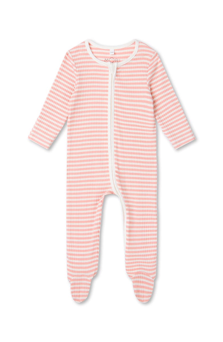 MORI Ribbed Stripe Two Way Zip-Up Sleepsuit, Main, color, Pink Stripe