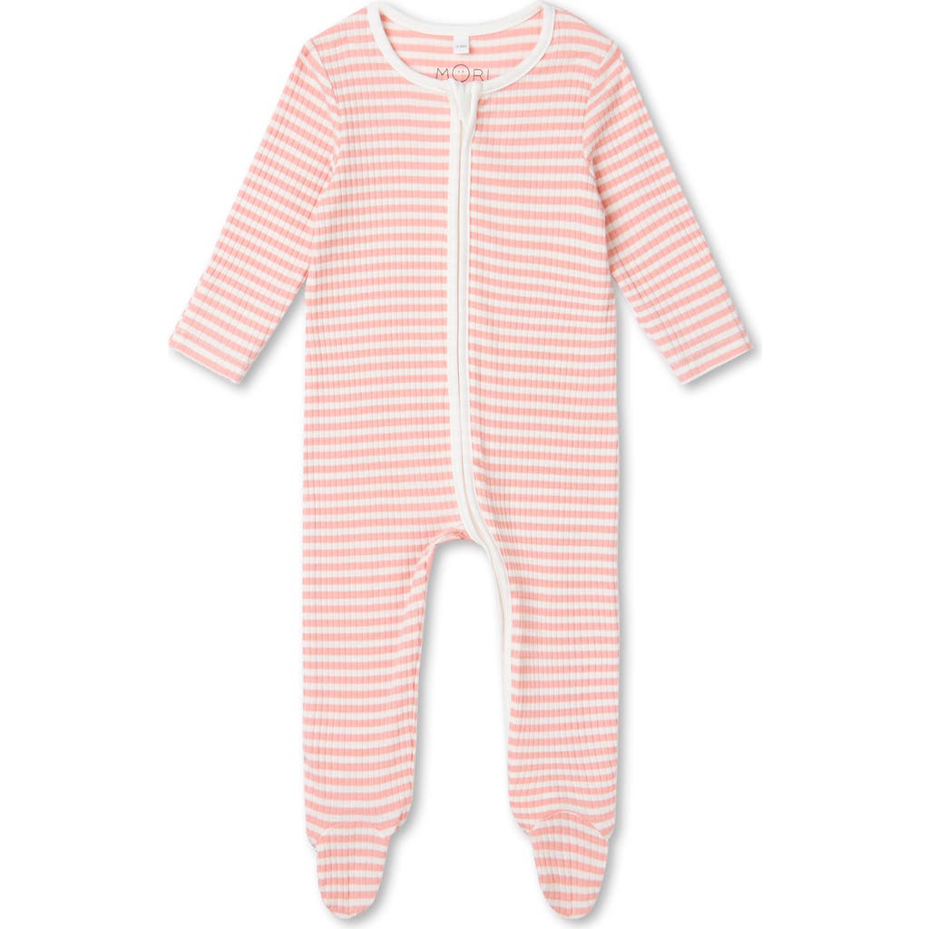 Mori Ribbed Stripe Two Way Zip-up Sleepsuit In Pink