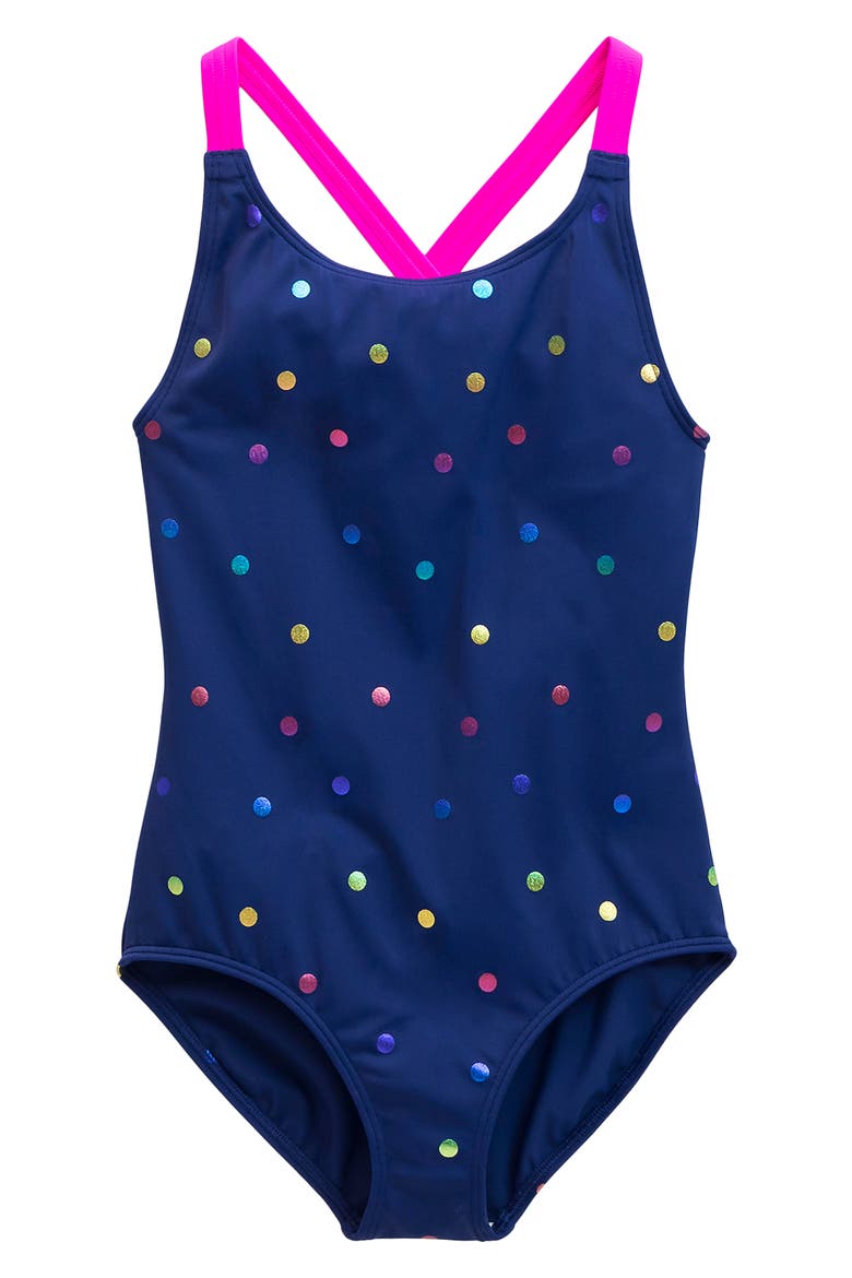 Kids' Cross Back One-Piece Swimsuit, Main, color, RAINBOW FOIL CONFETTI SPOT