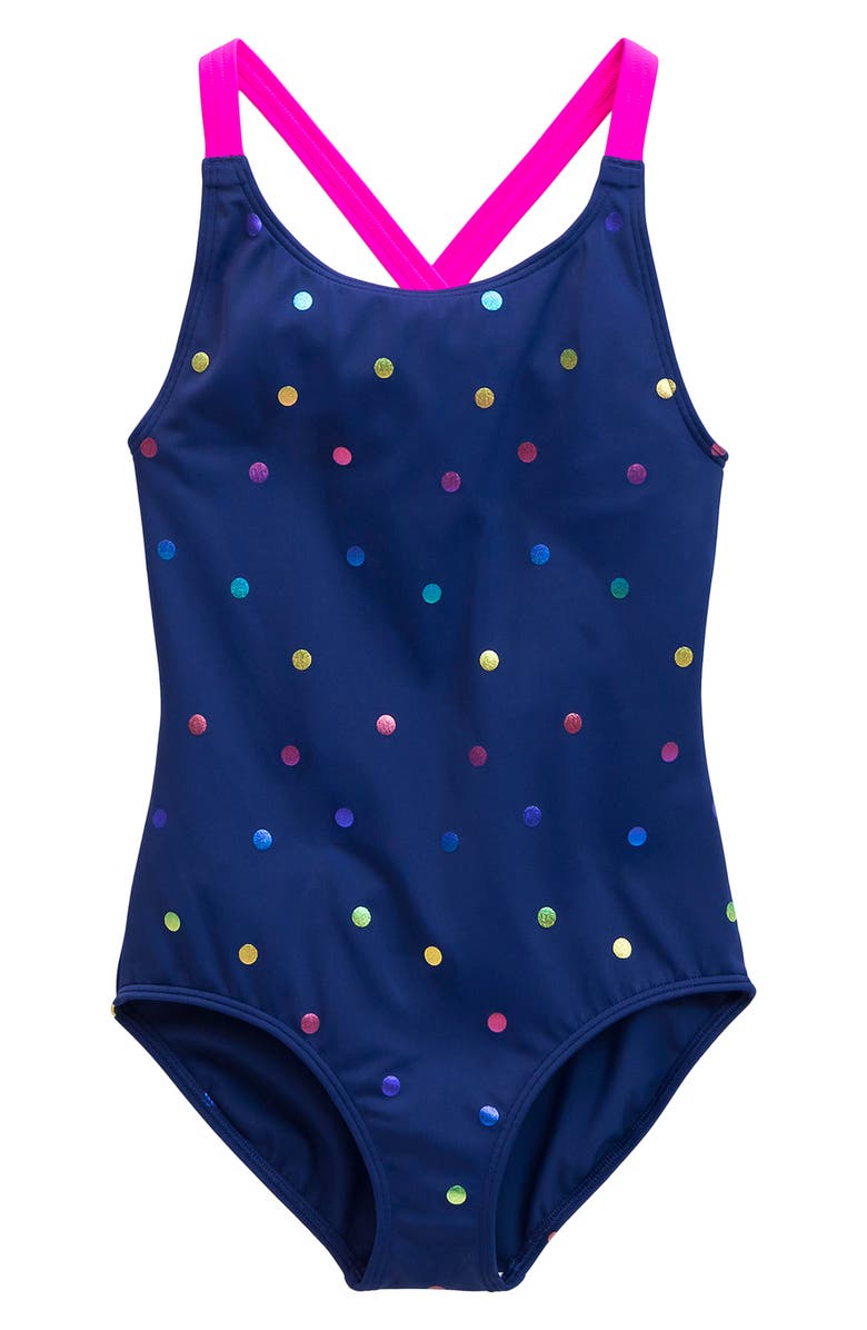 Mini Boden Kids' Cross Back One-Piece Swimsuit, Main, color, Rainbow Foil Confetti Spot