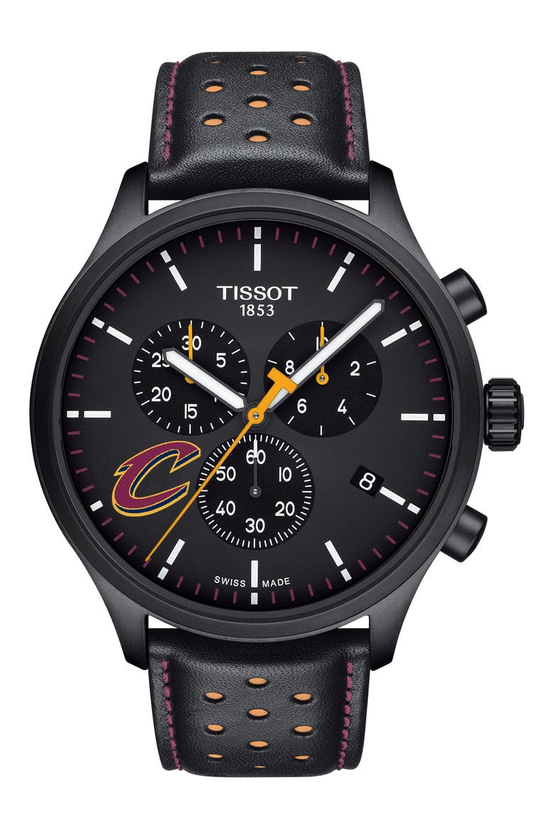 Chrono XL NBA Leather Strap Watch, 45mm, Main, color, BLACK/ BURGUNDY