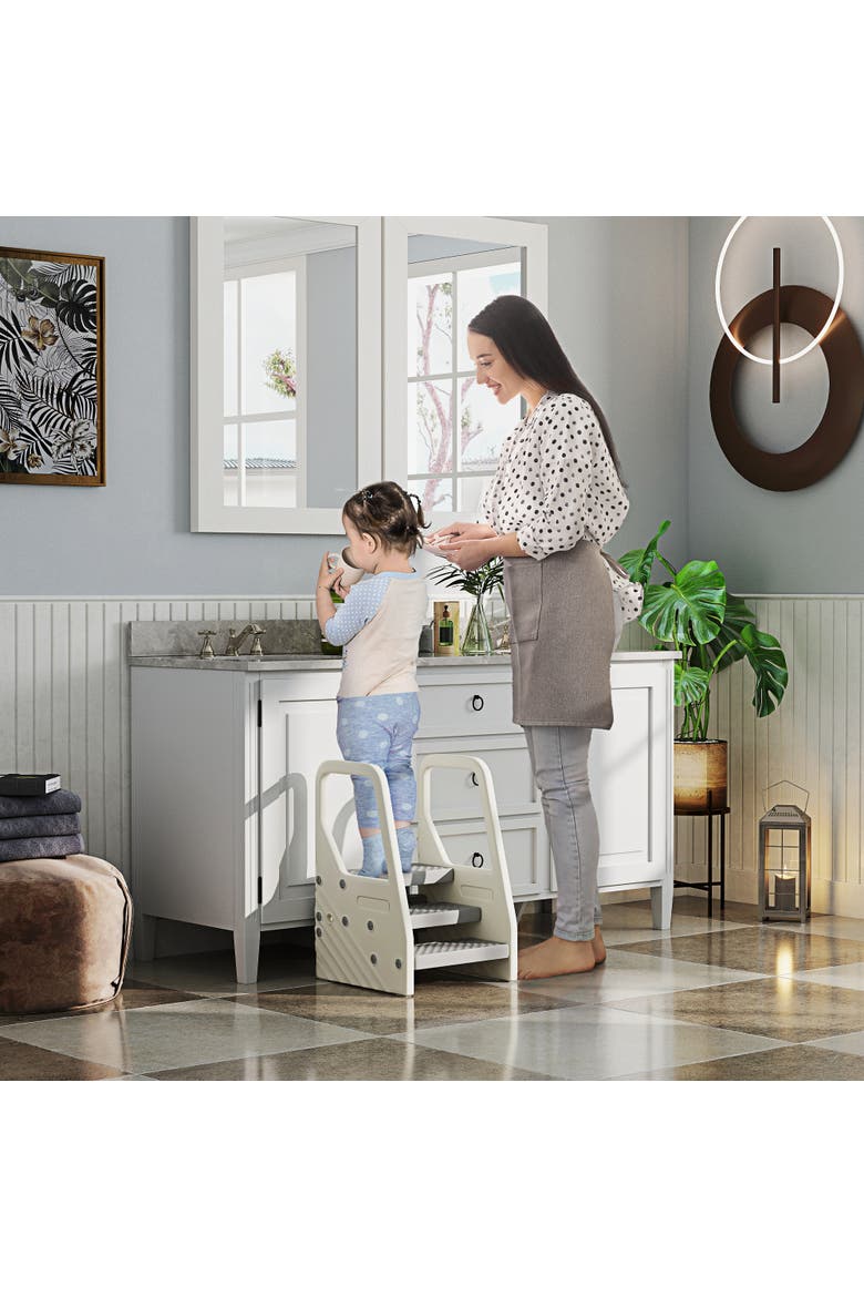 3-Step Kids Kitchen Stool Helper, Handles, Non-slip Surface, Foot Pads, Alternate, color, Gray