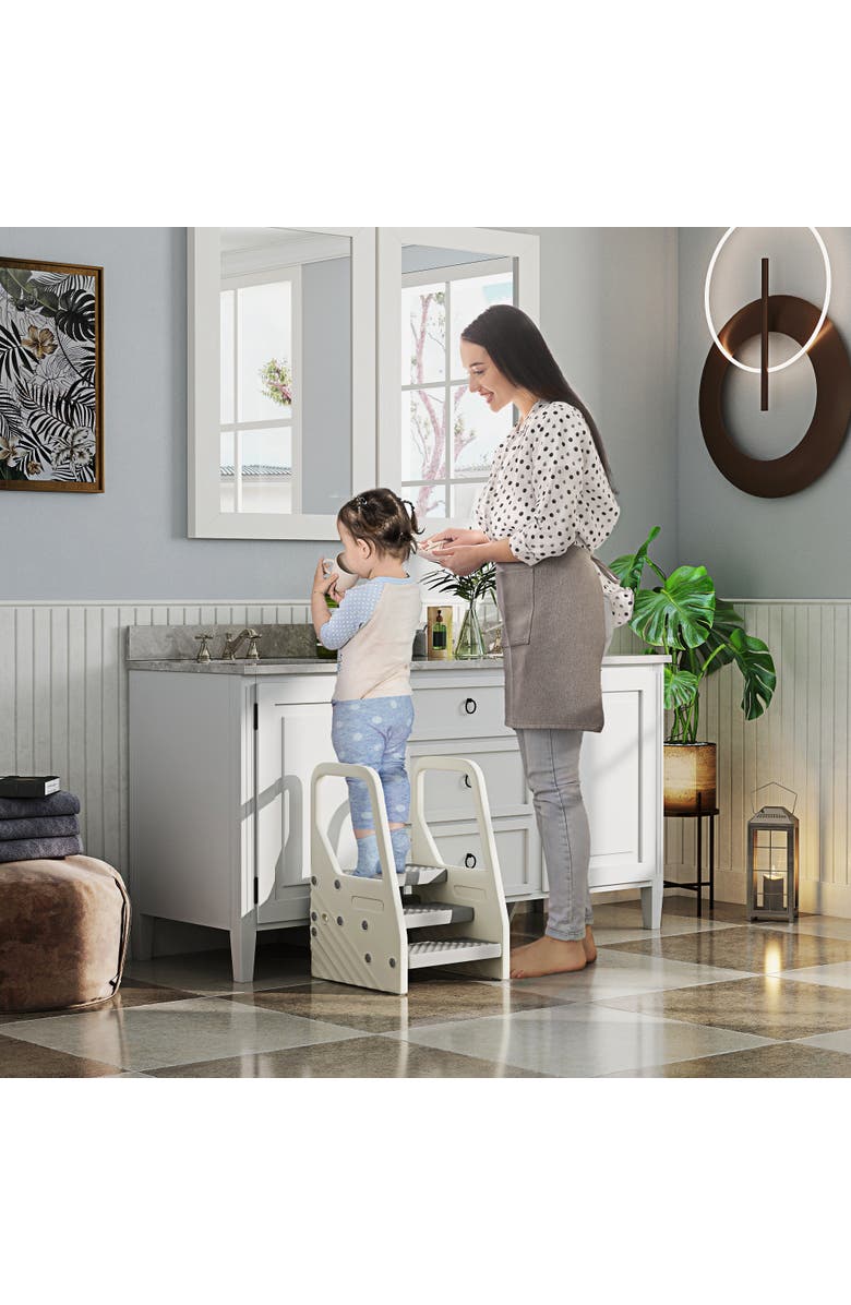 Qaba 3-Step Kids Kitchen Stool Helper, Handles, Non-slip Surface, Foot Pads, Alternate, color, Gray