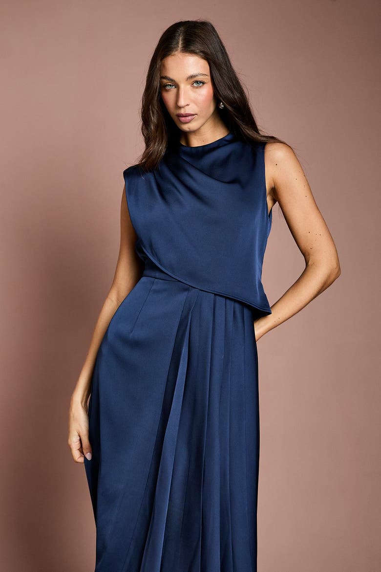 Satin Pleated Midi Dress, Alternate, color, Navy