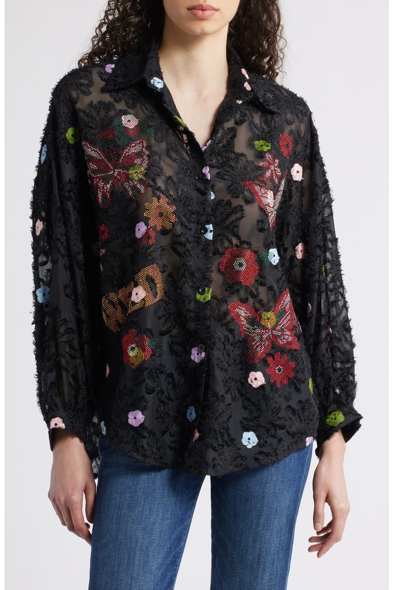 Emma Embellished Semisheer Button-Up Shirt, Main, color, BLACK