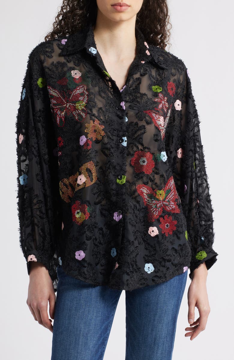 NIKKI LUND Emma Embellished Semisheer Button-Up Shirt, Main, color, Black