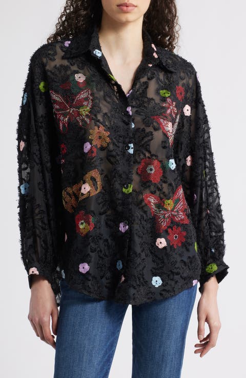 Emma Embellished Semisheer Button-Up Shirt