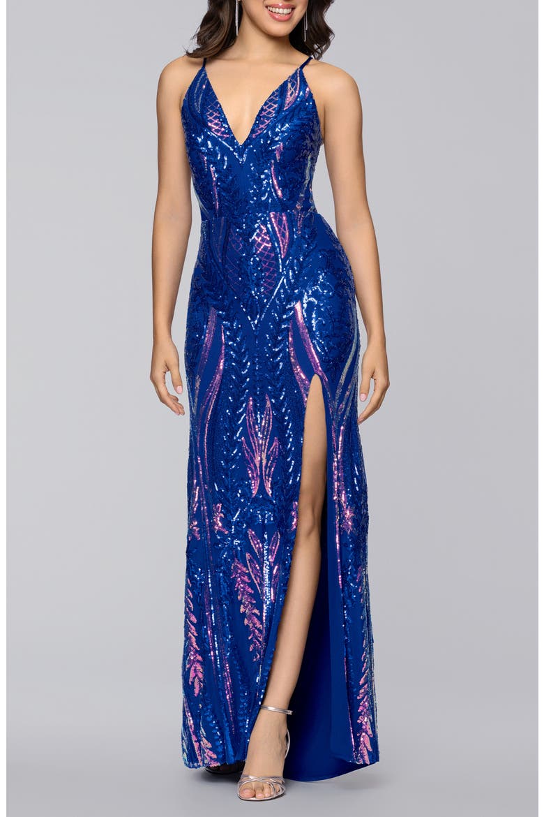 V-Neck Sequin Gown, Main, color, ROYAL MULTI