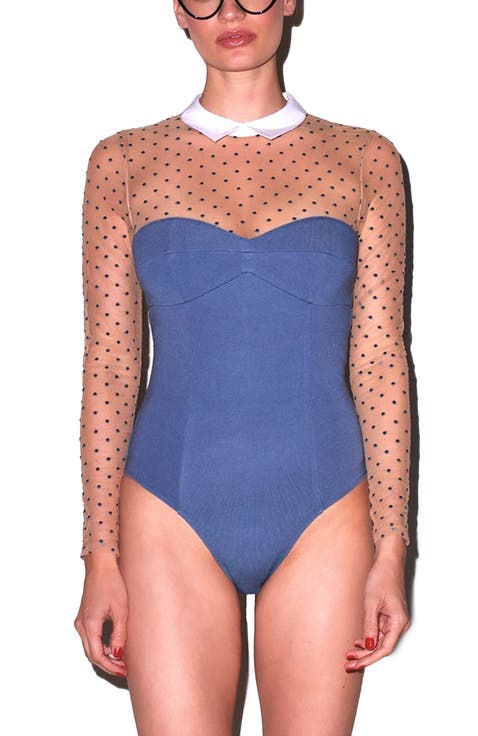 Collared Bodysuit with Dotted Tulle