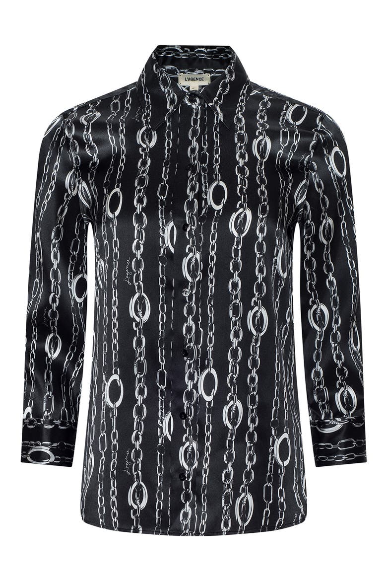 Dani Chain Print Silk Charmeuse Button-Up Shirt, Alternate, color, BLACK/SILVER CABLE CHAIN PRINT