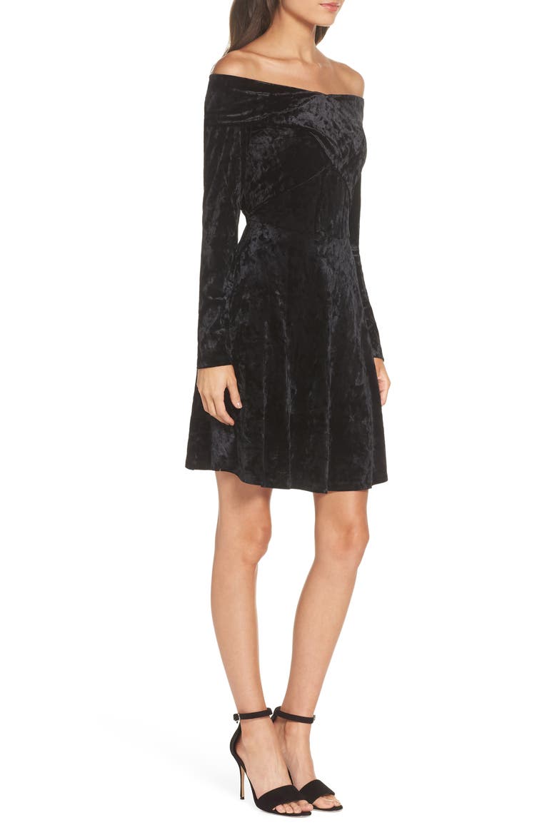 Off the Shoulder Velvet Fit & Flare Cocktail Dress, Alternate, color, BLACK
