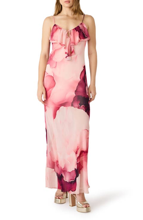 Maxina Cloud Print Ruffle Neck Maxi Dress