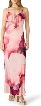 Steve Madden Maxina Cloud Print Ruffle Neck Maxi Dress