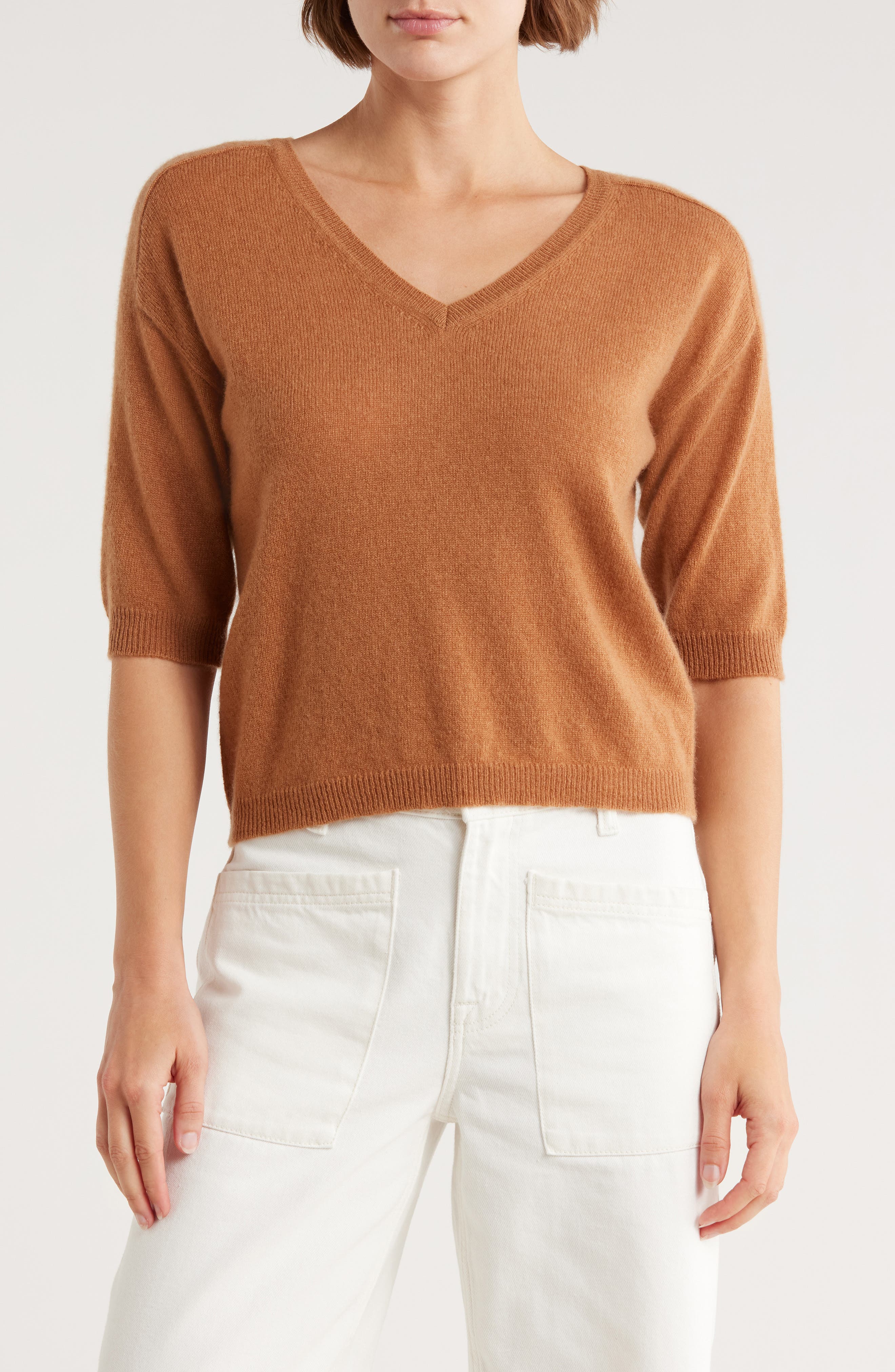 Cashmere V-Neck Elbow Sleeve Sweater