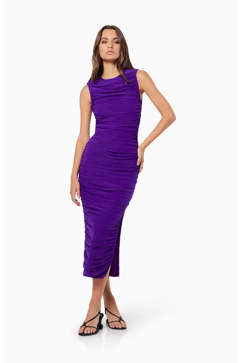 Debbi Sleeveless Ruched Midi Cocktail Dress, Alternate, color, PURPLE