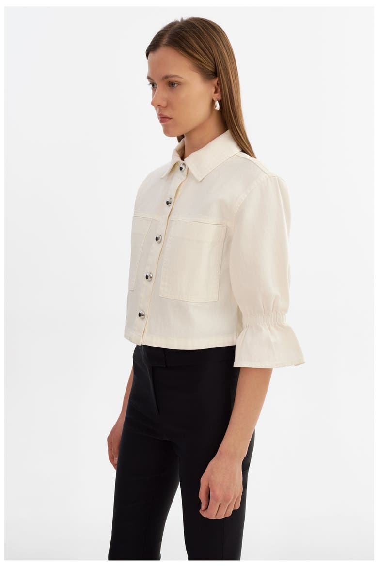 Carolina D | Denim Ruffle Sleeve Jacket, Alternate, color, White