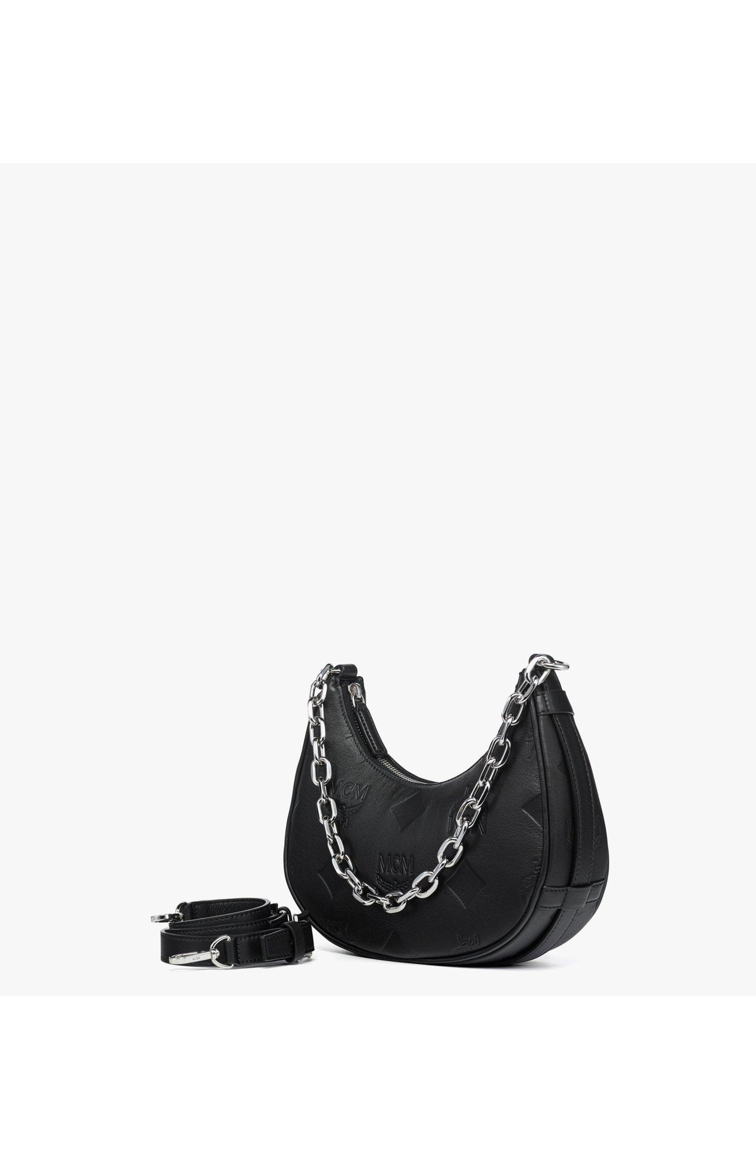 MCM Aren Crescent Hobo Bag in Maxi Monogram Leather, Alternate, color, Black