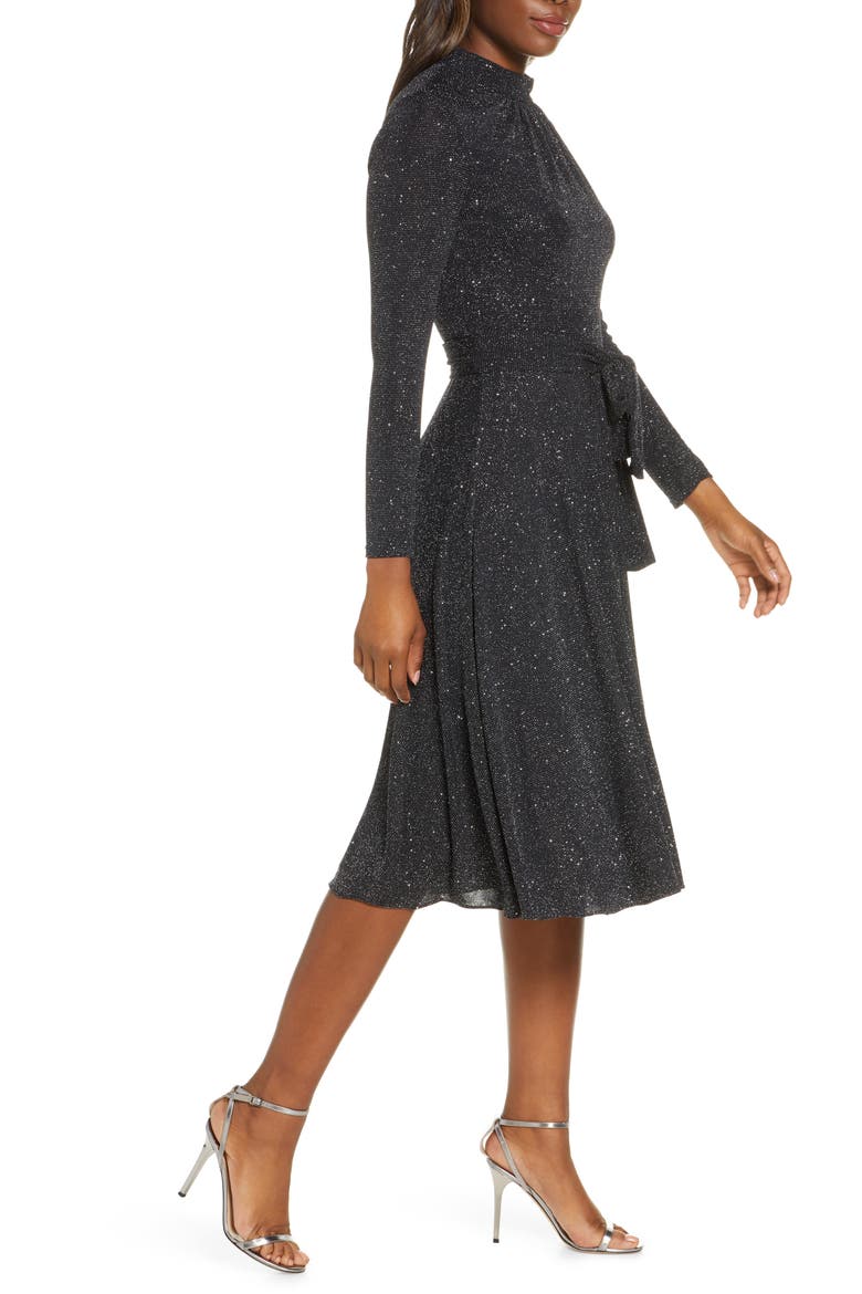 Glitter Long Sleeve Mock Neck Dress, Alternate, color, BLACK/ SILVER