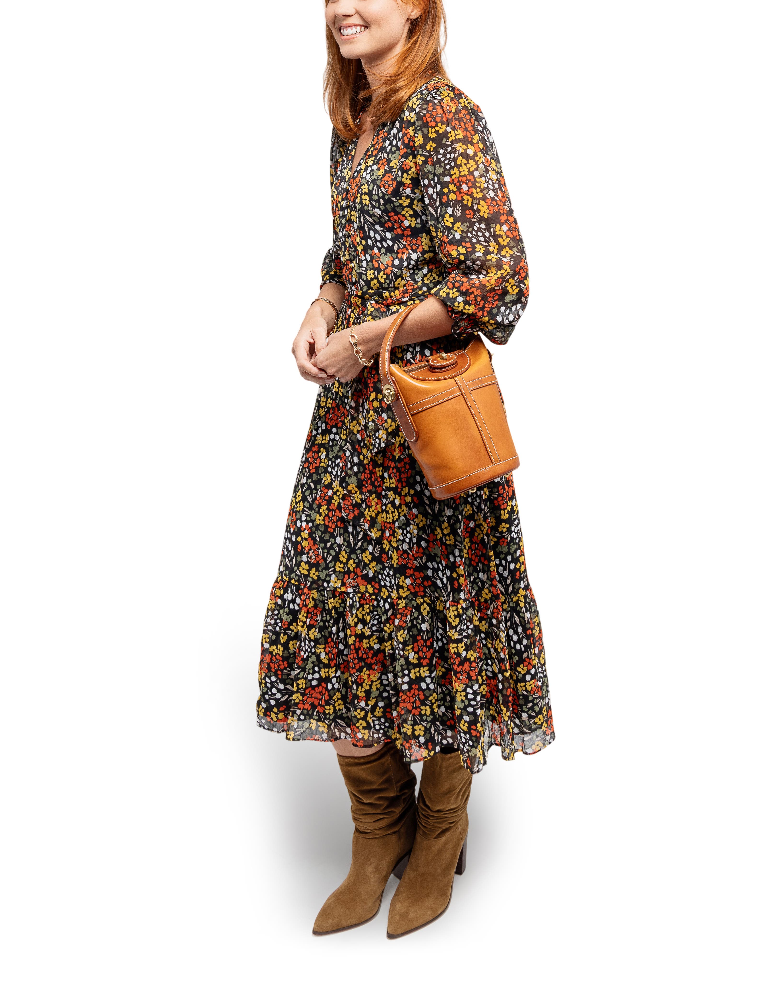 Begonia Genuine Leather Vintage Bucket Crossbody, Alternate, color, Caramel