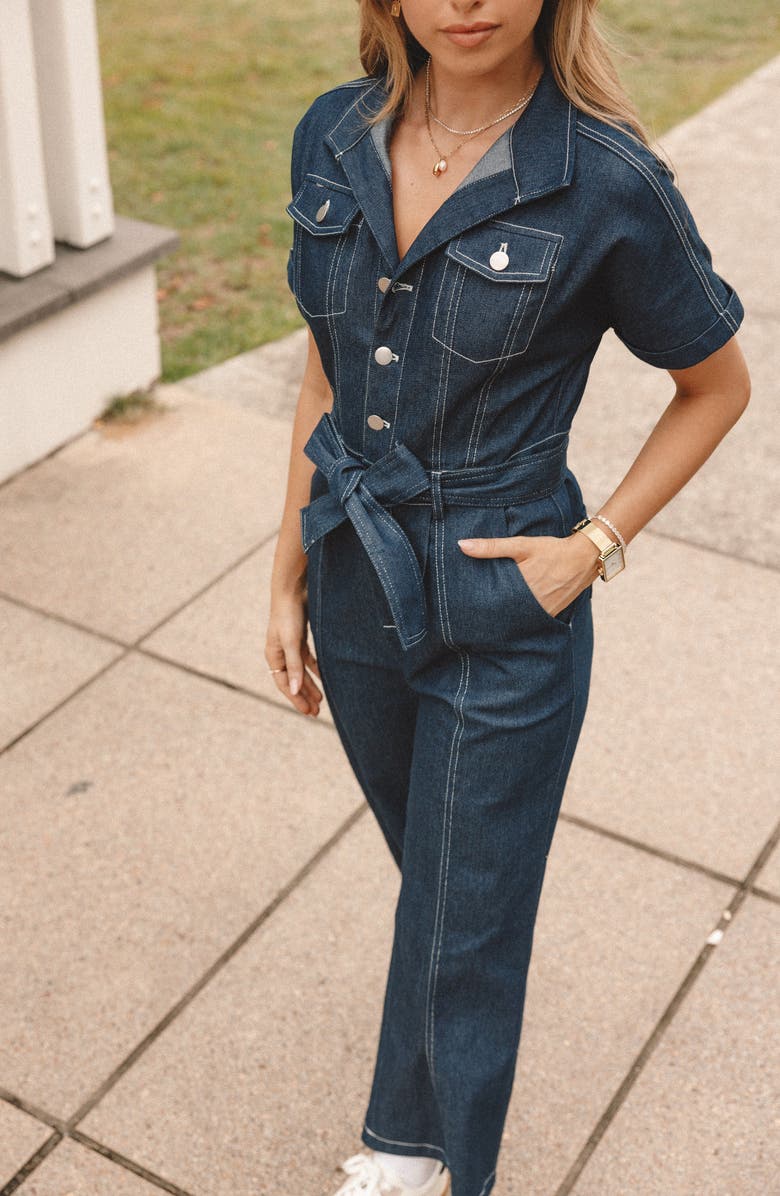 Petal & Pup Short Sleeve Denim Jumpsuit, Alternate, color, Dark Denim