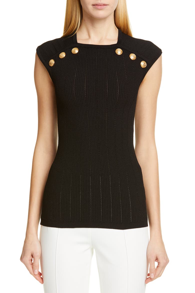 Shoulder Button Rib Knit Top, Main, color, 0PA NOIR