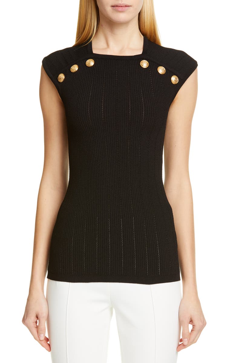 Balmain Shoulder Button Rib Knit Top, Main, color,