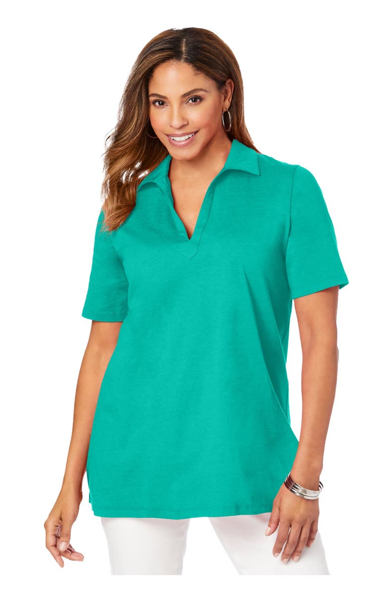 Jessica London Stretch Cotton Polo Tee, Main, color, Aqua Sea