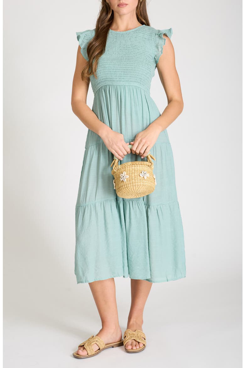 Smocked Cap Sleeve Tiered Midi Dress, Main, color, SAGE