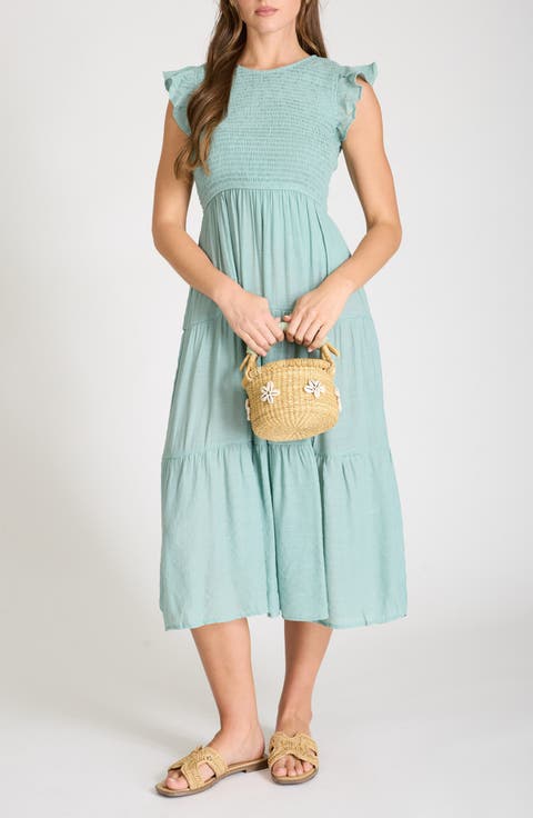 Smocked Cap Sleeve Tiered Midi Dress