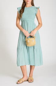 Blu Pepper Smocked Cap Sleeve Tiered Midi Dress
