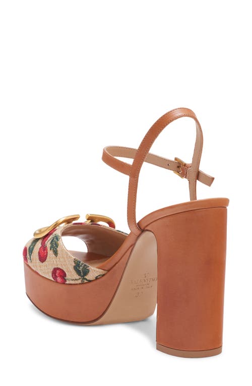 Valentino Cherry-embroidered Raffia Platform Sandals In Brown