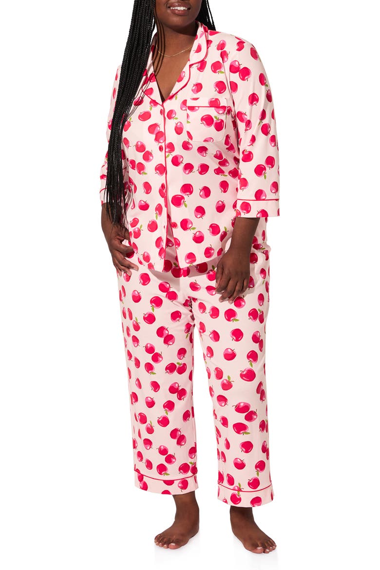 Print Long Sleeve Stretch Organic Cotton Jersey Crop Pajamas, Alternate, color, AN APPLE A DAY