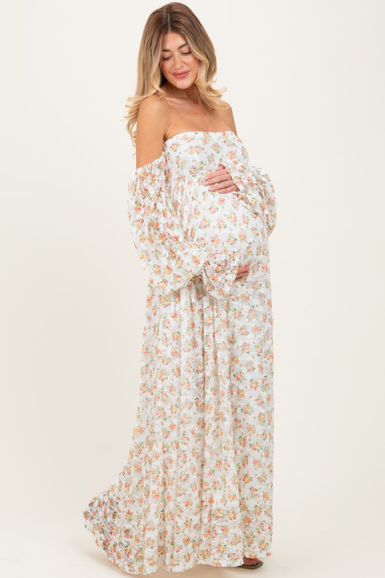 Floral Lace Smocked Long Sleeve Off Shoulder Maxi Dress, Main, color, Orange
