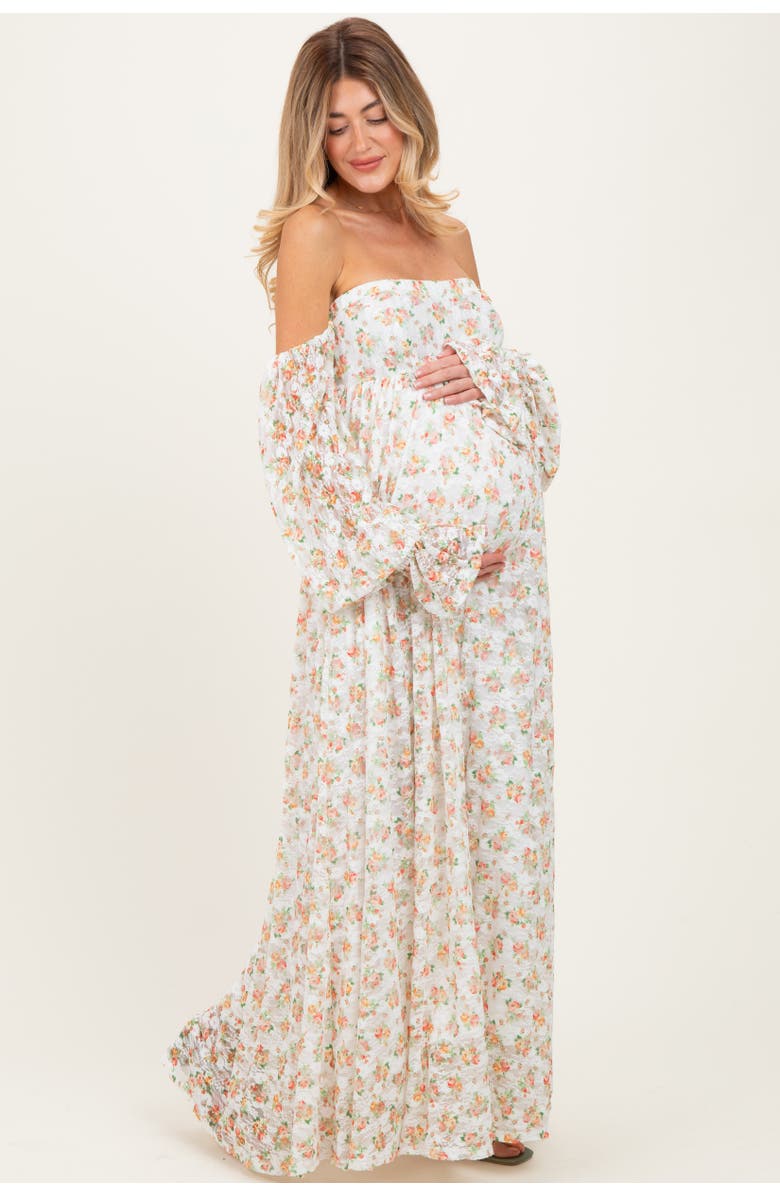 PinkBlush Floral Lace Smocked Long Sleeve Off Shoulder Maxi Dress, Main, color, Orange