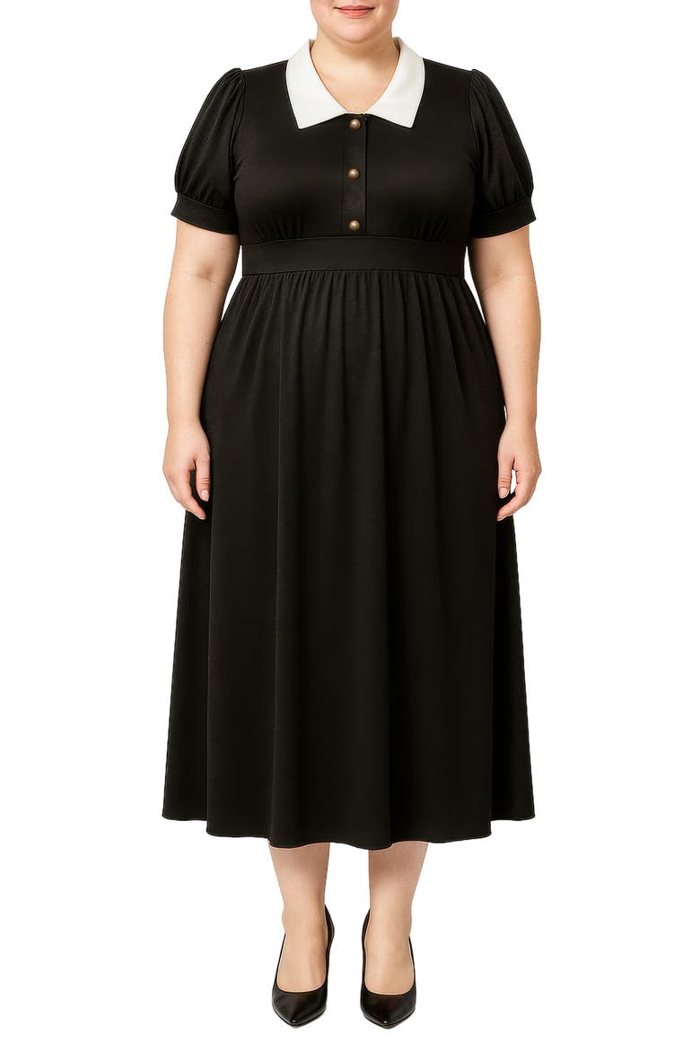 Contrast Collar Midi Dress, Main, color, BLACK