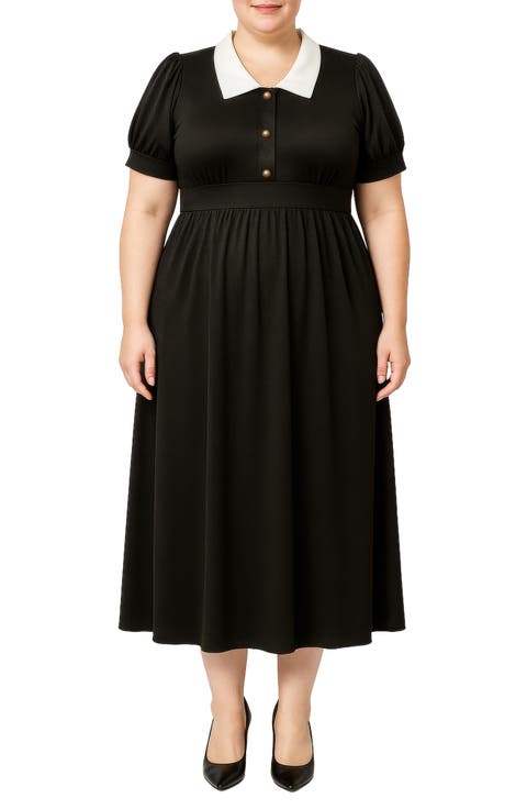 Contrast Collar Midi Dress (Plus)