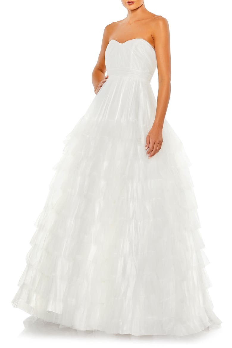 Ruffle Strapless Tulle Ballgown, Main, color, WHITE