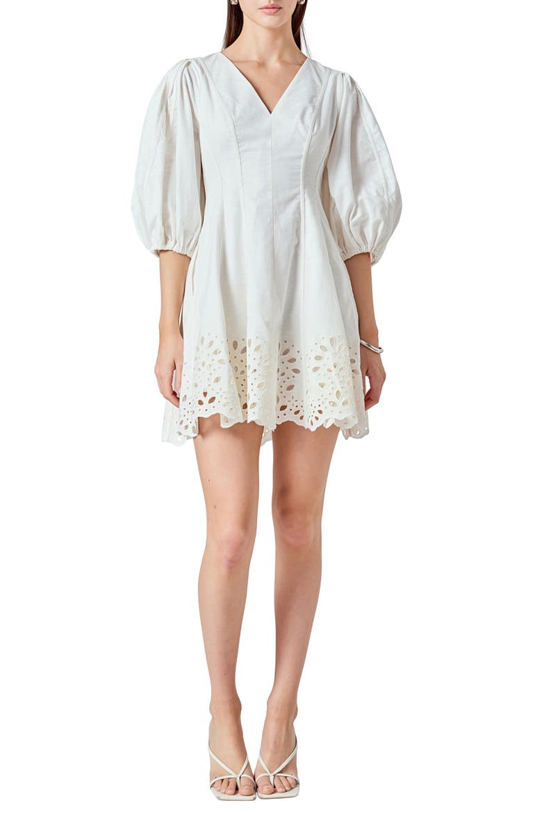 Eyelet Detail Cotton & Linen Minidress, Main, color, WHITE