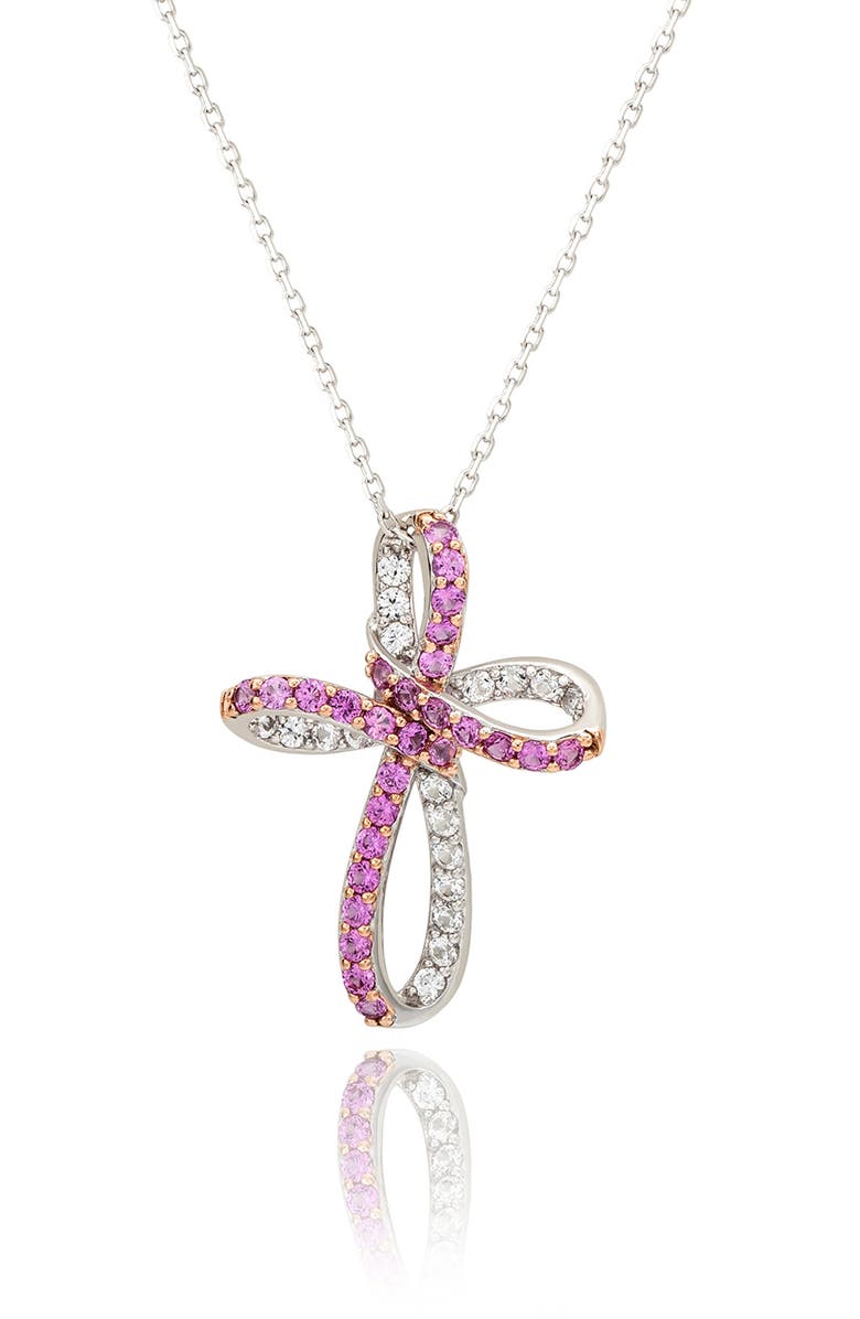 SUZY LEVIAN DIAMONDS Two-Tone Pink & White Sapphire Cross Pendant Necklace, Main, color, Pink