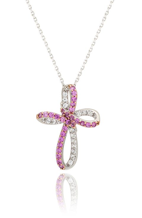 Two-Tone Pink & White Sapphire Cross Pendant Necklace