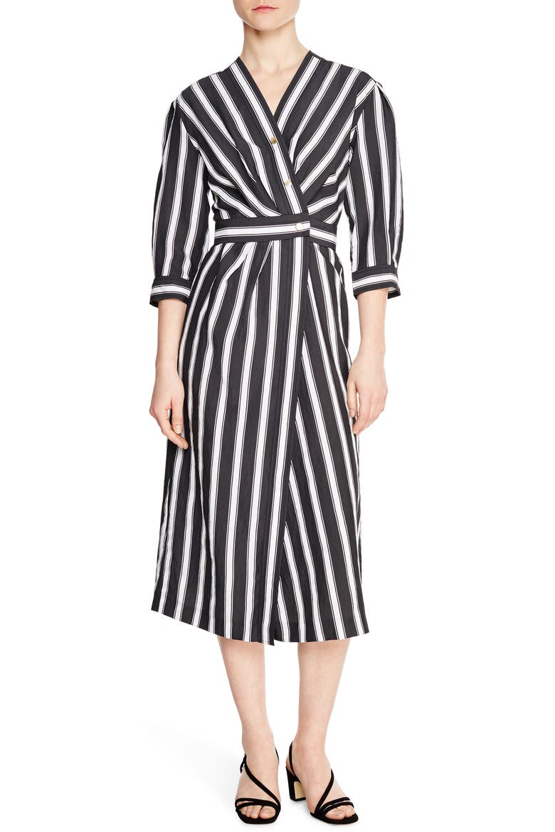 Carl Button Front Stripe Midi Dress, Main, color, BLACK