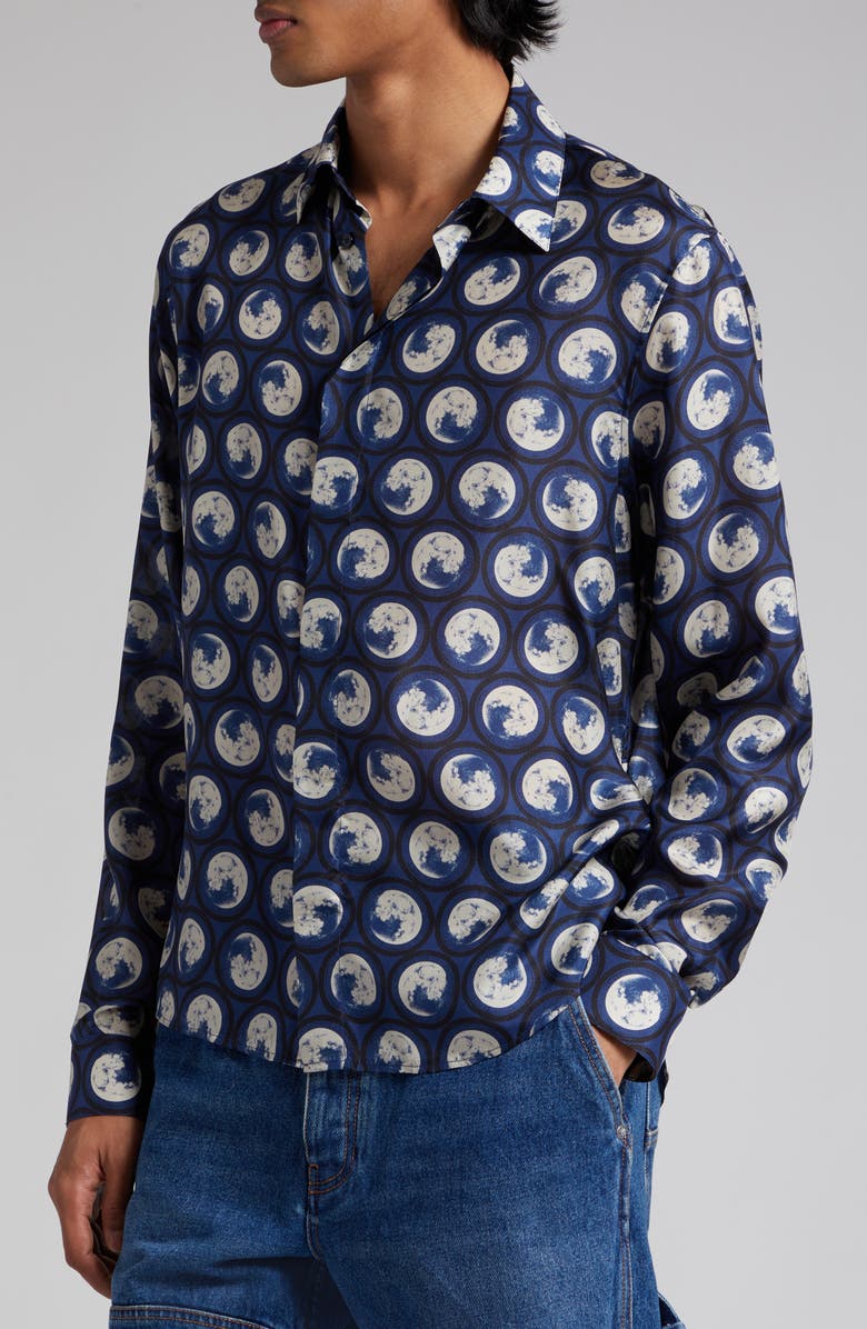 Off-White Moon Print Silk Button-Up Shirt, Alternate, color,