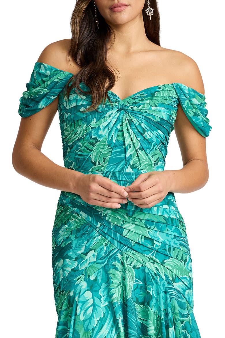 Floral Off the Shoulder Cocktail Midi Dress, Alternate, color, EMERALD GREEN/ MULTI