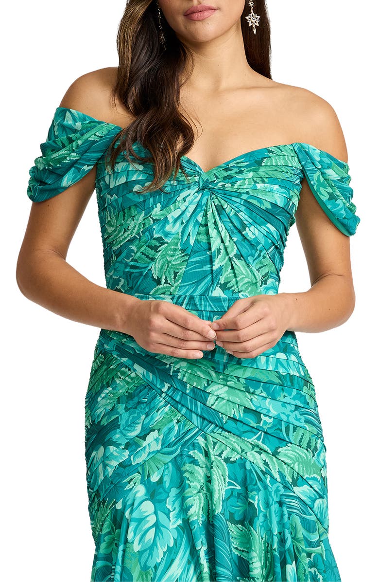Tadashi Shoji Floral Off the Shoulder Cocktail Midi Dress, Alternate, color, Emerald Green/ Multi