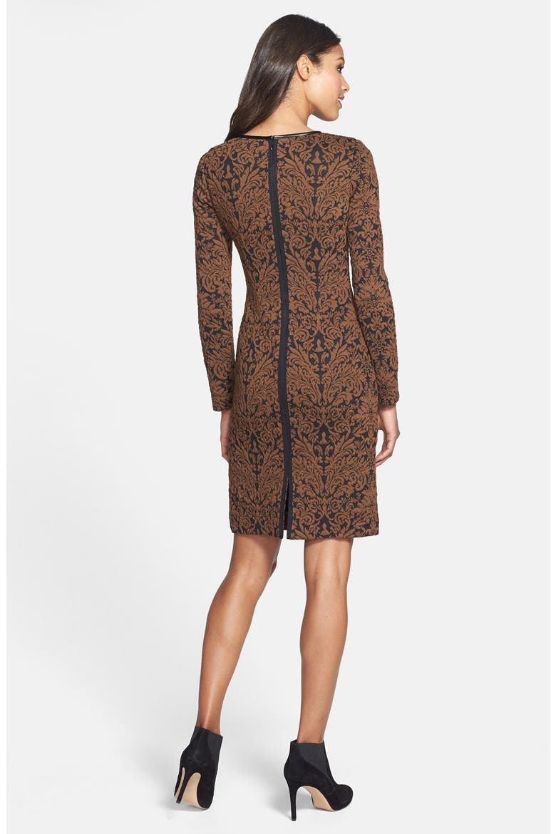 Long Sleeve Jacquard Sheath Dress, Alternate, color, BLACK/ BROWN