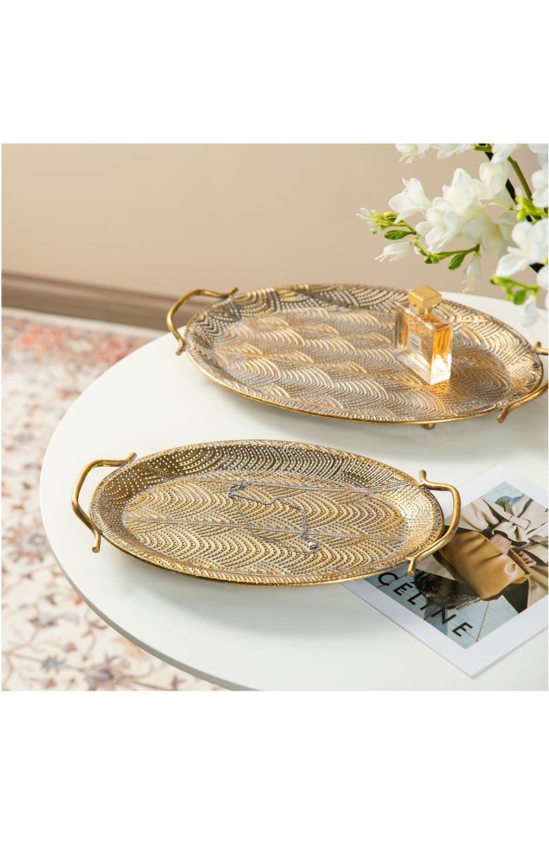 Glitzhome Set of 2 Metal Gold Decorative Tray with Handles, Alternate, color, Gold