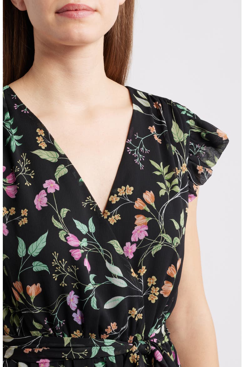 Floral Print Flutter Sleeve Maxi Dress, Alternate, color, BLACK MULTI