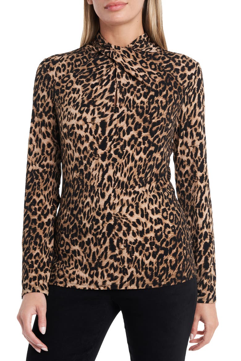 Leopard Print Twist Neck Top, Main, color, RICH BLACK